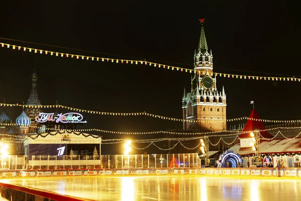 Skating Rink New Year Red Square Beautiful Evening Illumination Moscow — Stock Photo, Image