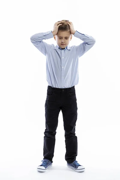 Escolar Para Sostiene Cabeza Con Las Manos Fondo Blanco Vertical — Foto de Stock