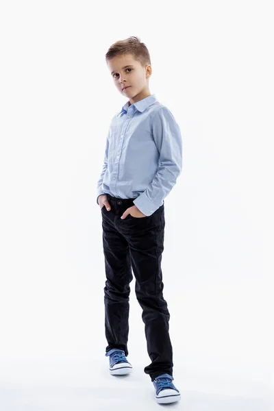 Serious Boy Years Old Standing Full Height White Background White — Stock Photo, Image