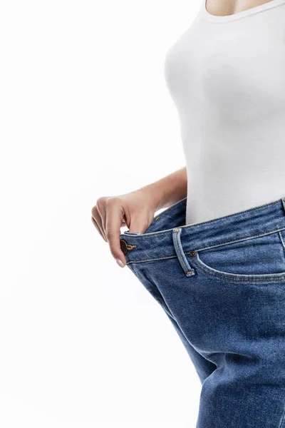 Una Giovane Donna Snella Jeans Grandi Dimensioni Dimagrimento Bella Figura — Foto Stock