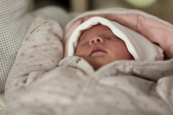 Small Newborn Baby Sleeps Street Clothes Close — Stock Fotó