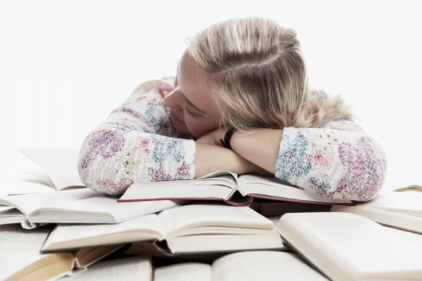 Young Girl Sits Table Sleeps Books Learning Difficulties White Background — Stock Fotó