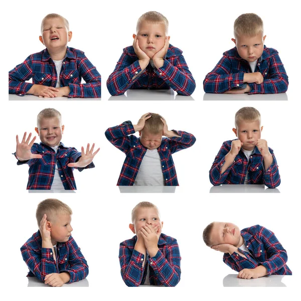 Een Leuke Schooljongen Met Verschillende Emoties Collage Witte Achtergrond Vierkant — Stockfoto