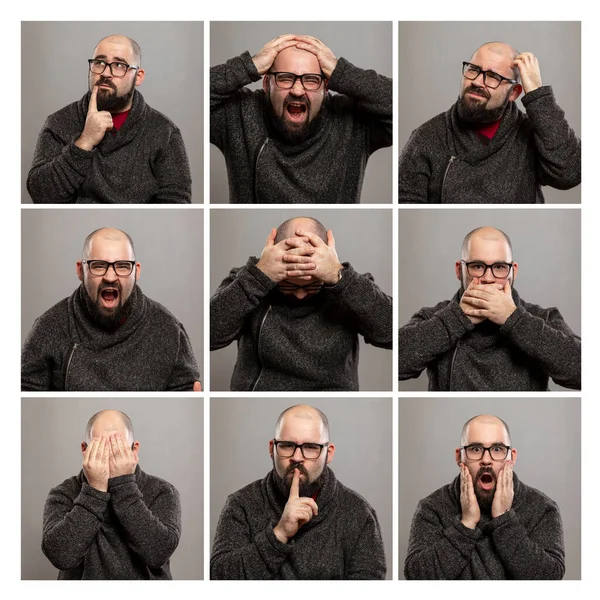 Conjunto Imagens Emocionais Homem Careca Com Óculos Fundo Cinzento Formato — Fotografia de Stock
