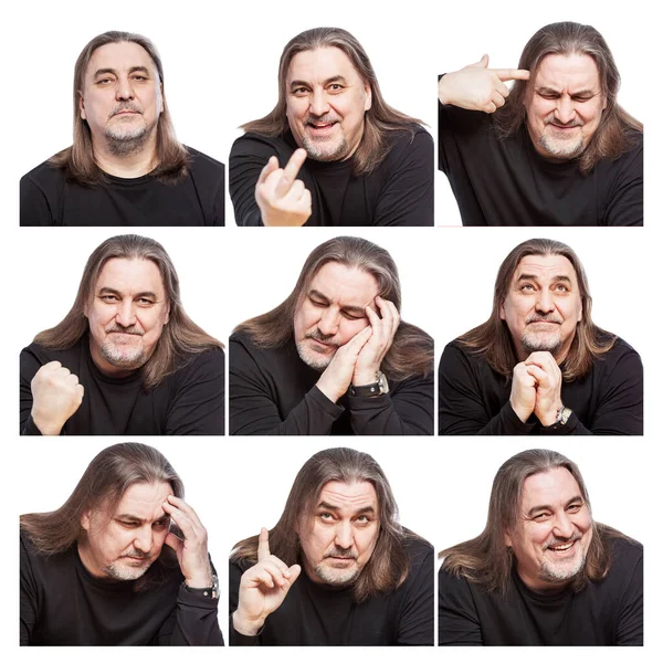 Zestaw Emocjonalnych Obrazów Mężczyzny Średnim Wieku Długimi Włosami Białe Tło — Zdjęcie stockowe