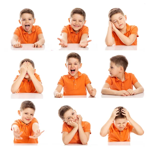 Een Leuke Schooljongen Met Verschillende Emoties Collage Witte Achtergrond Vierkant — Stockfoto