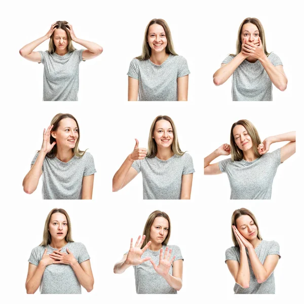 Set Images Young Girl Different Emotions White Background Square Format — Stock Photo, Image