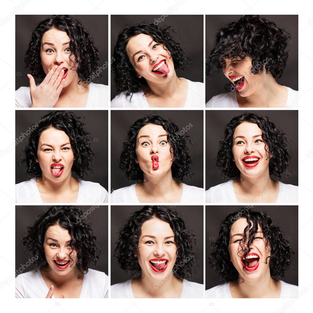 A set of images of a young woman with different emotions. Beautiful bright brunette. Black background. Square format.