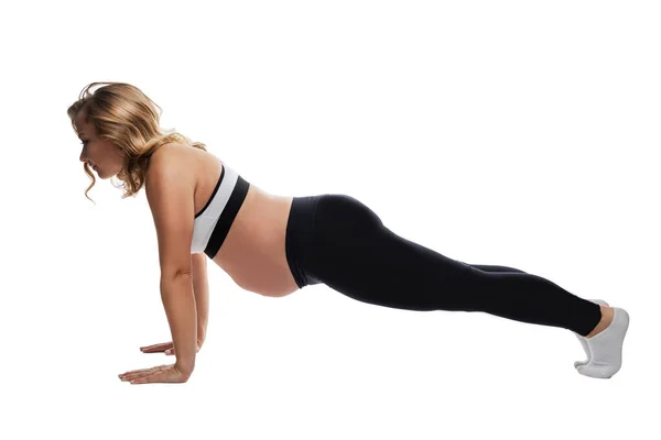 Young Pregnant Woman Sports Uniform Doing Exercises Blonde Plank Active Royalty Free Stock Photos