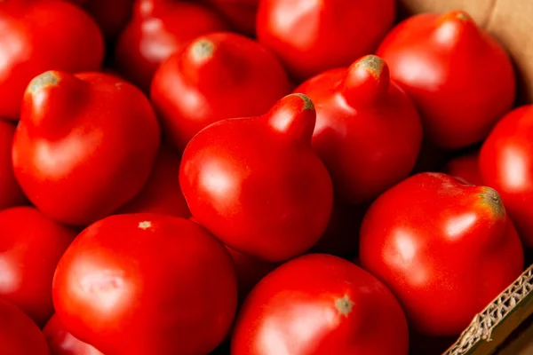 Ripe tomatoes in a box at the market. Close-up.