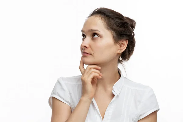 Young Pensive Woman Pretty Brunette Close White Background — Fotografia de Stock