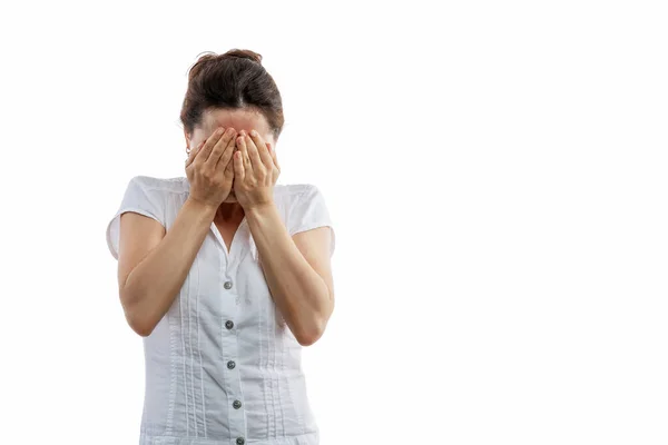 Young Woman Covered Her Face Her Hands Pretty Brunette Hides — Foto Stock