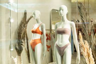 İç çamaşırı mağazasının vitrininde mayo giymiş mankenler. Yakın plan..