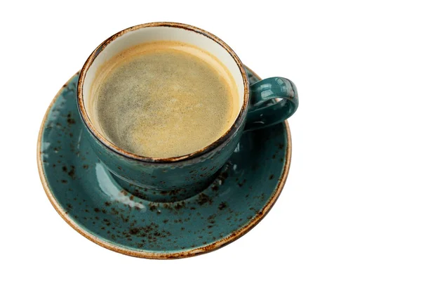 Kopje Koffie Prachtige Turquoise Gerechten Geïsoleerd Witte Achtergrond Ruimte Voor — Stockfoto