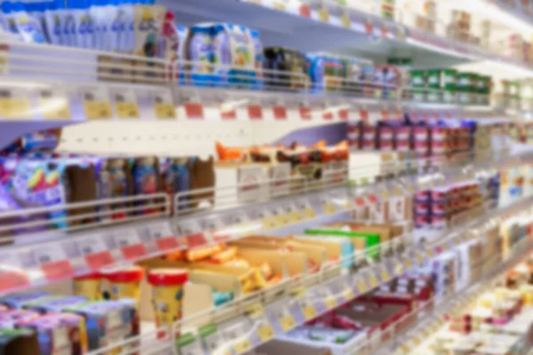 Dairy Products Shelves Store Big Choice Front View Blurred — Stock Photo, Image