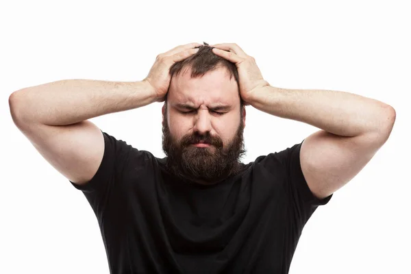 Hombre Con Barba Sostiene Emocionalmente Cabeza Depresión Estrés Fondo Blanco — Foto de Stock