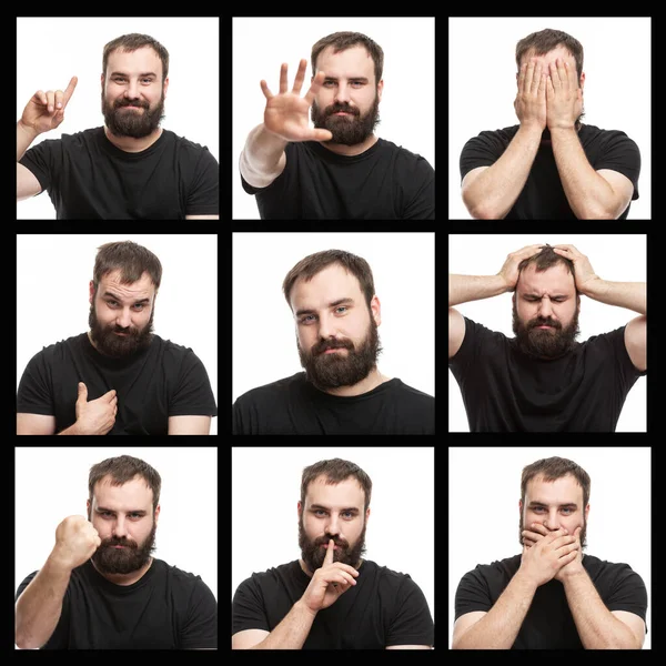 Young Bearded Man Black Shirt Emotional Set Collage Square Format Stock Photo