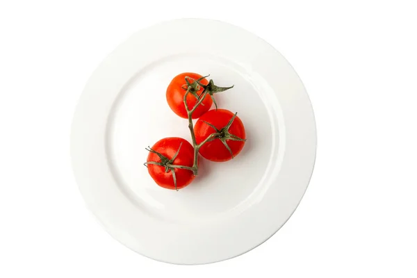 Tomat Matang Pada Dahan Piring Putih Vegetarianisme Makanan Sehat Dan — Stok Foto