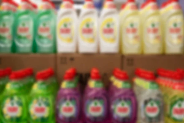 Rows Popular Dishwashing Detergent Store Shelves Blurred — Stock Photo, Image