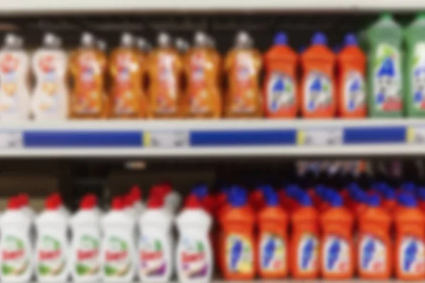 Filas Detergente Popular Lavavajillas Tienda Borrosa —  Fotos de Stock