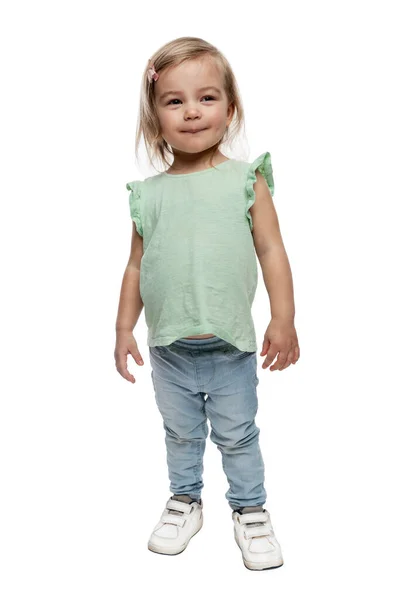 Laughing Little Girl Years Old Jeans Love Tenderness Care Children — Stock Photo, Image