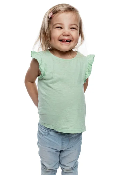 Smějící Holčička Roky Džínách Láska Něha Péče Děti Izolované Bílém — Stock fotografie