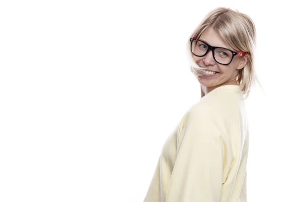 Une Jeune Femme Souriante Portant Des Lunettes Jolie Blonde Pull — Photo