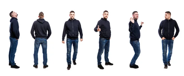 Young Man Standing Guy Jeans Blue Sweater Profile Back Front — Stock Photo, Image