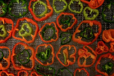 Kurutmak için doğranmış biberler, kurutucunun tel rafında. Kışın vitaminler.