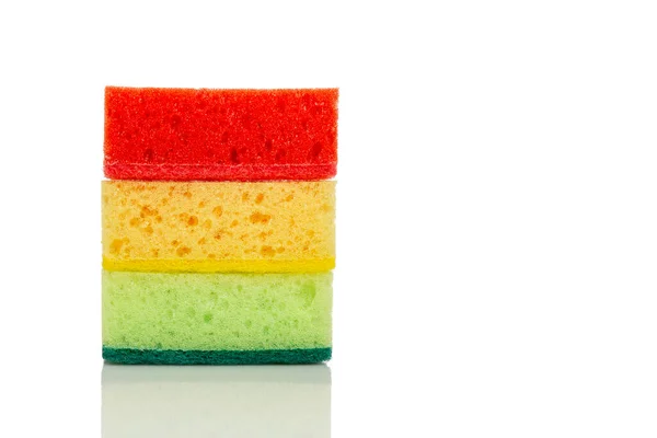 Multi Colored Cleaning Sponges Bright Helpers Kitchen Close Isolated White — Stock Photo, Image