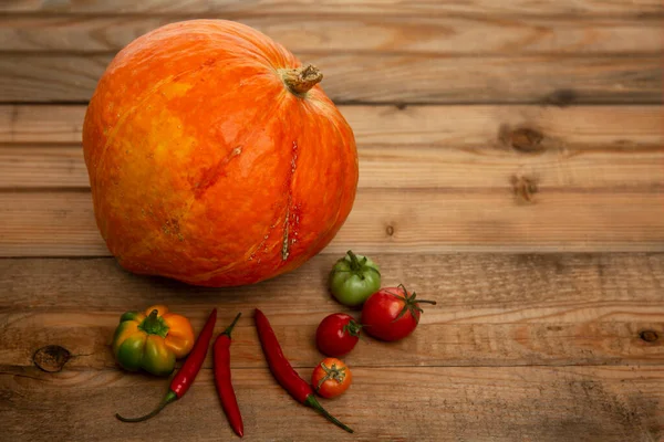 Höstskörd Grönsaker Och Frukt Träskiva Pumpa Melon Zucchini Tomater Äpplen — Stockfoto