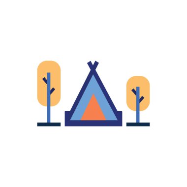 çadır ve ağaç ikonu. Açık hava aktiviteleri için kamp logosu. düz simge işareti vektör illüstrasyonu