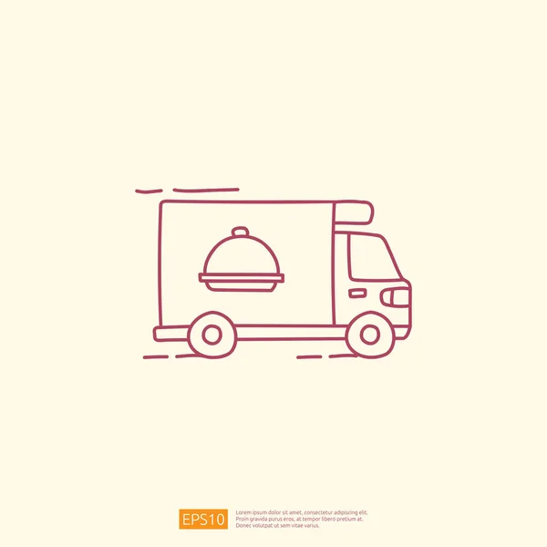 Comida Entrega Servicio Camión Coche Línea Doodle Estilo Icono Vector — Archivo Imágenes Vectoriales