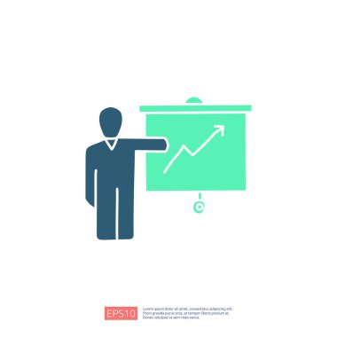İş adamı, eğitim veya öğretmenlik konsepti olan bir sunum simgesi. Grafik işareti sembolü illüstrasyonunda büyüyen iş oku