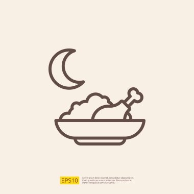Müslüman ve Ramazan temalı erken kahvaltı veya sahoor yemek çizgisi ikonu. Vektör illüstrasyonu