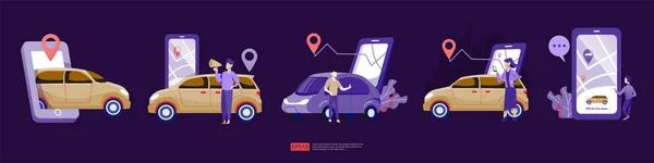 Taxi Ligne Louer Transport Utilisant Application Service Smartphone Avec Caractère — Image vectorielle