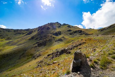 Üzerinde yeşil bitkiler olan dağ tepelerinin manzarası. Arka planda bulutlu bir gökyüzü. Yürüyüş ya da arka plan fotoğrafı. Dağ tırmanışı. İzmir Erzurum Türkiye