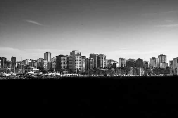 Fekete Fehér Fénykép Környéken Közel Tengerhez Város Szürkeárnyalatos Képe Belvárosi — Stock Fotó