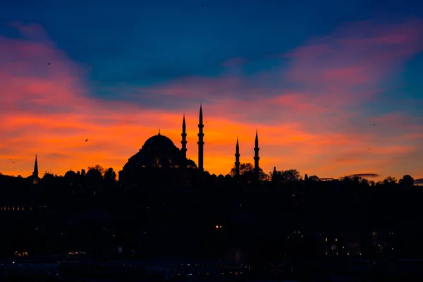 Silhouette Mosquée Suleymaniye Avec Des Nuages Spectaculaires Ramadan Iftar Kandil — Photo