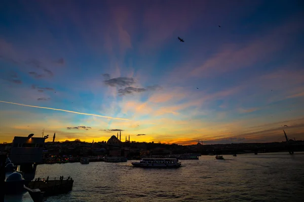 Silhouette of Suleymaniye Mosque and Golden Horn. Istanbul background photo. Ramadan in Istanbul. Islamic background.