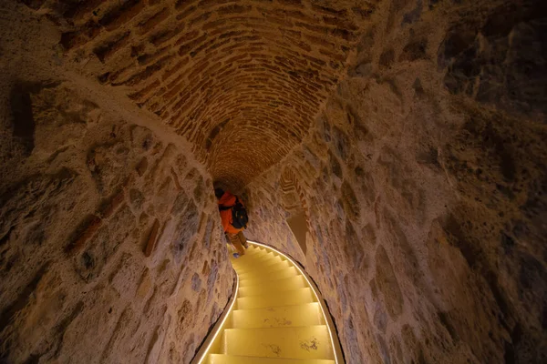 Stairs of the historical building. Led lights on the stairs. Historical building background. Architecture background photo.