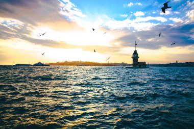 Gün batımında Bakire Kulesi ve Martılar. İstanbul 'da gün batımında Kiz Kulesi. İstanbul arka plan fotoğrafı. İstanbul 'a git. İstanbul 'un gün batımı ve şehir manzarası.