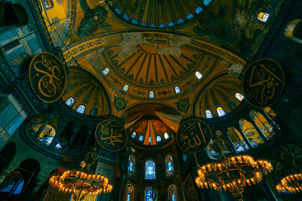 Istanbul Turkey - 2.4.2021: Interior of Hagia Sophia. Grand Mosque of Hagia Sophia in Istanbul. Travel to Istanbul. Ramadan, iftar, kandil, kadir gecesi (laylat al-qadr), islamic new year, eid mubarak background photo.