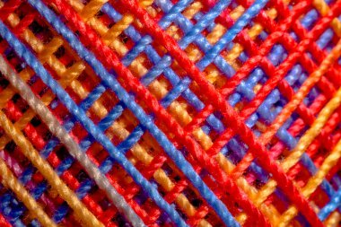 İplik yumağının makro fotoğrafı. Tartışmaların soyut arkaplanı. İplik yumağının deseni. Odakta çok renkli başlık.