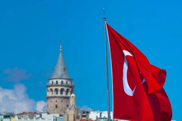 Bendera Turki Dan Menara Galata Foto Latar Belakang Bendera Turki — Stok Foto