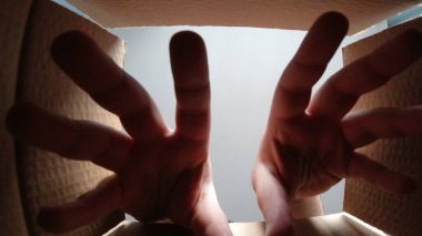 Bir şey almak için ellerini karton kutunun içine sokuyorsun. E-ticaret sevkiyat teması. 