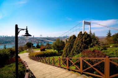 Otagtepe 'den İstanbul' a Fatih Sultan Mehmet Köprüsü. İstanbul arka plan fotoğrafı. Türkiye 'ye git. Hindi arkaplan fotoğrafı. Boğaz köprüleri.