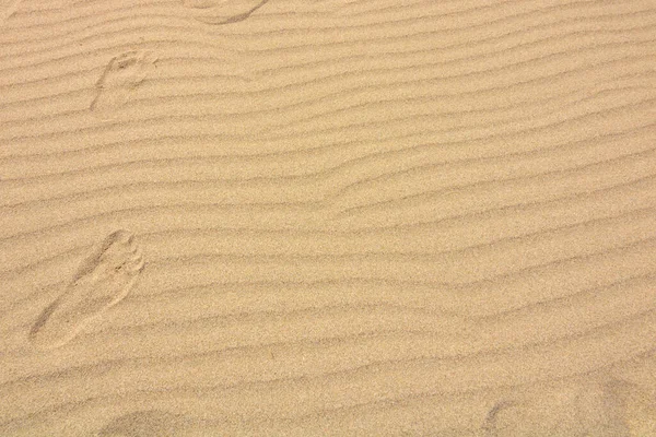 コピースペースのあるビーチで波状の砂の上に足跡 自由と休暇のテーマ どこにも行かない 不規則な足跡を持つ自由概念 — ストック写真