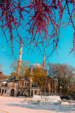 İlkbaharda Eyüp Sultan Camii. Eyupsultan Meydanı 'ndaki çeşme. Ramazan, kandil, iftar, İslami yeni yıl, Kurban Bayramı arkaplan fotoğrafı. 