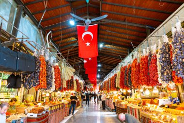Gaziantep 'teki Almaci Çarşısı veya Almaci Pazari dükkanlarında baharat ve kurutulmuş sebzeler. Gaziantep Türkiye - 6.23.2025
